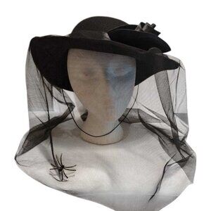 Black Widow Hat w Veil Lg Satin Rose and Spiders Costume Hat
